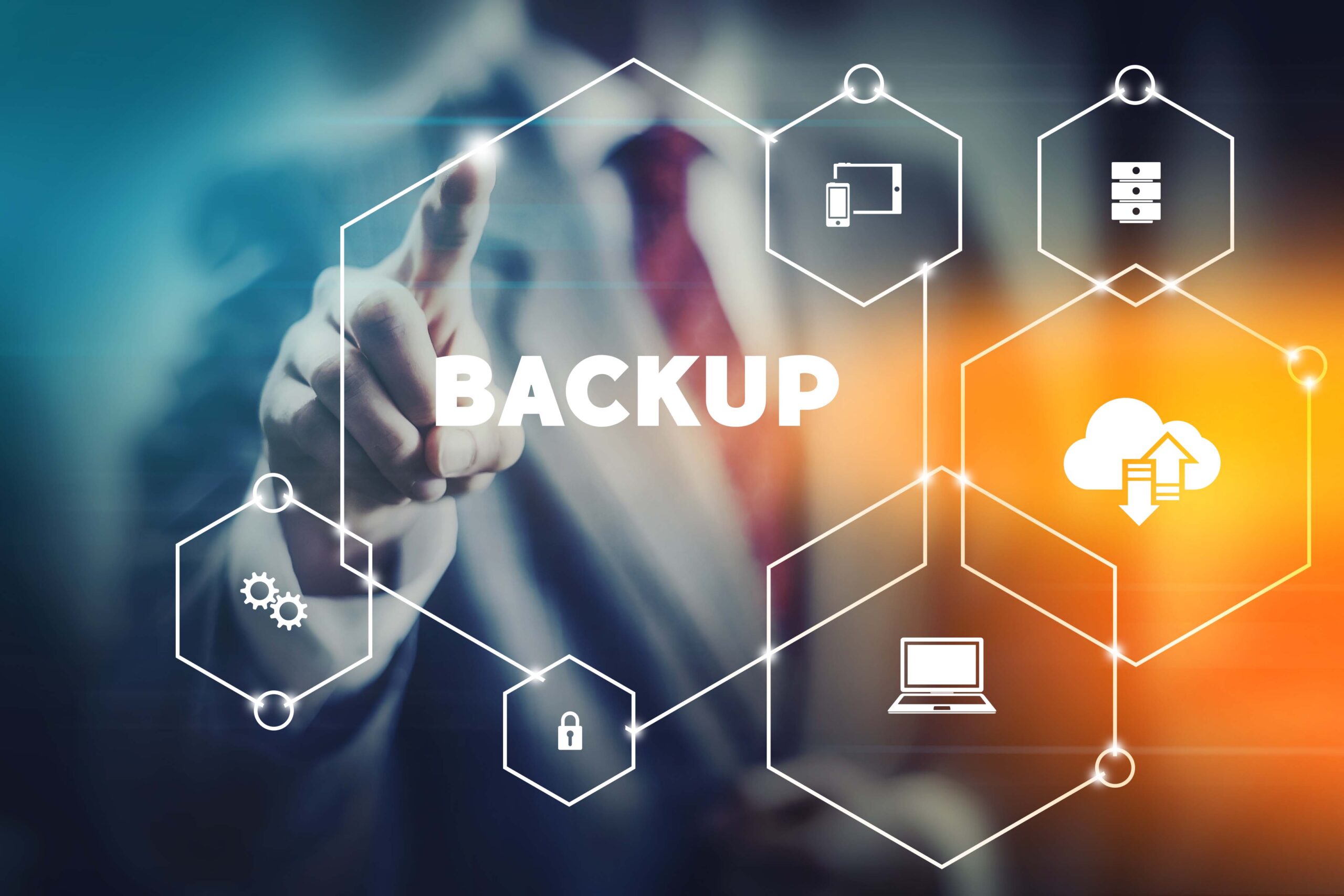 Digital backup concept with technology icons.