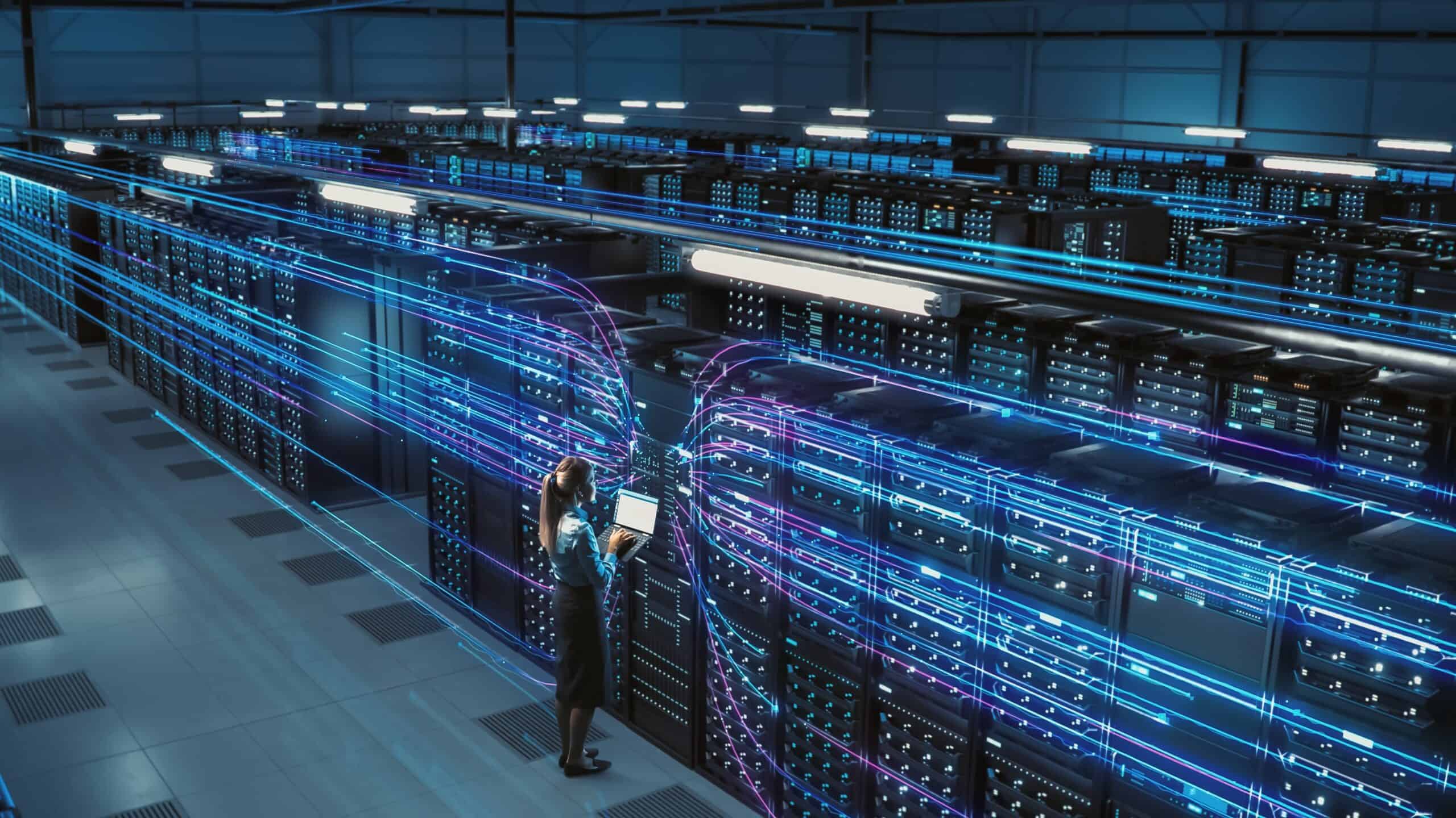 Technician working in a futuristic data center