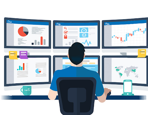 Person analyzing data on multiple computer screens