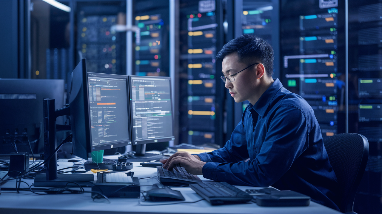 Patch management planning image with technician reviewing server and endpoint update systems