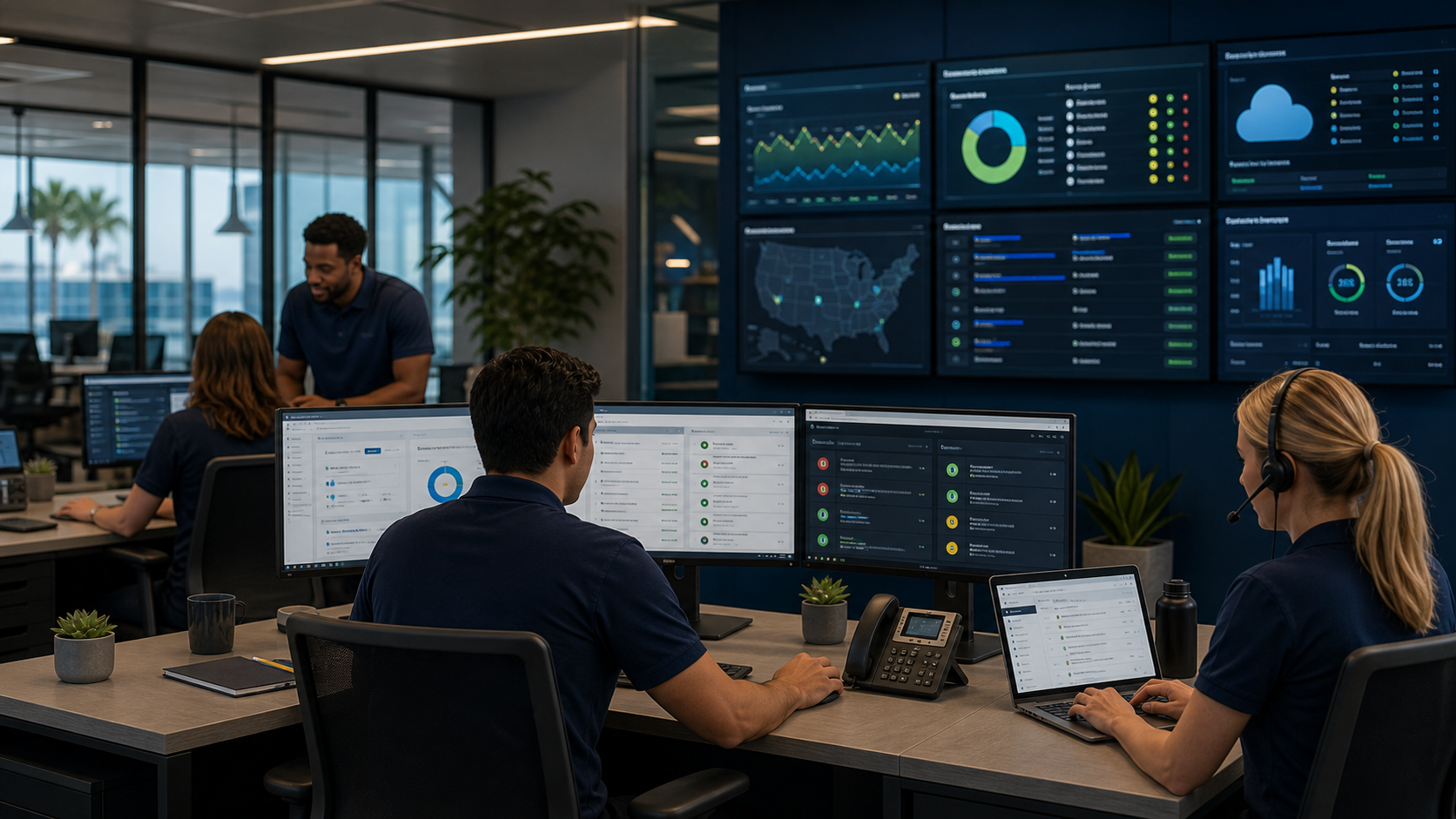 Managed IT services planning session with help desk monitoring cloud applications and support workflows
