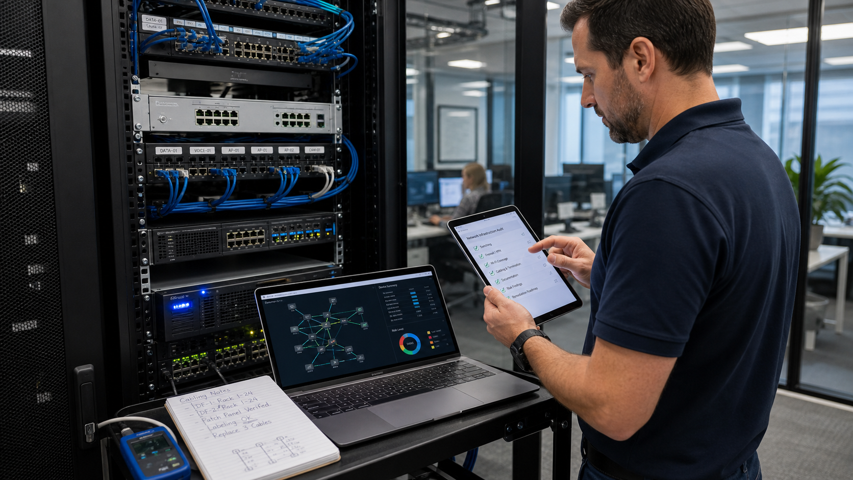 Network infrastructure assessment with switch rack, cabling notes, topology dashboard, and audit checklist