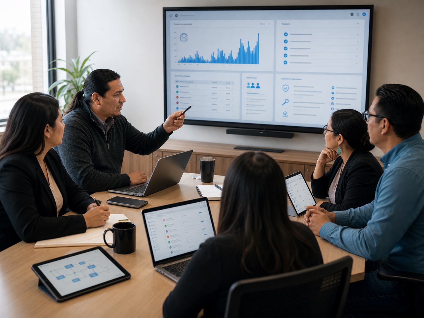 Security planning meeting with access review and risk visibility dashboards