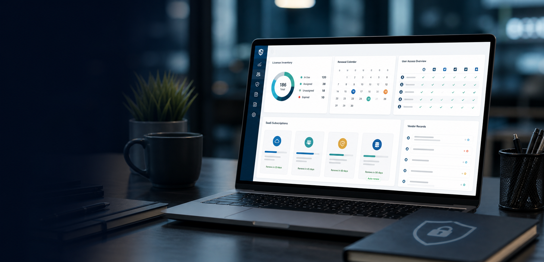 Software licensing dashboard with license inventory, renewal calendar, user access, and vendor records