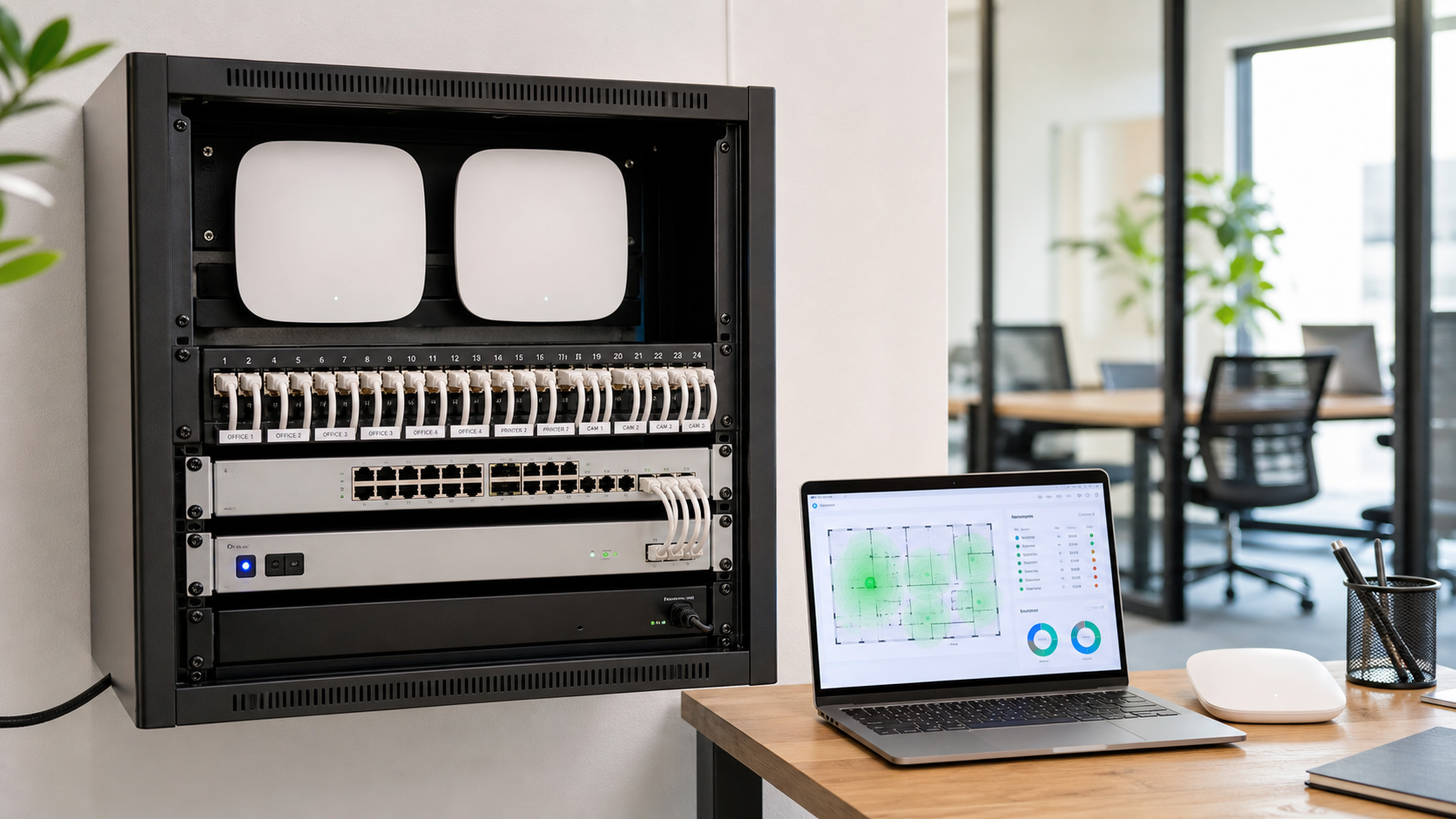 UniFi-style network rack with access points, PoE switches, gateway, patch panel, and controller dashboard for office Wi-Fi planning