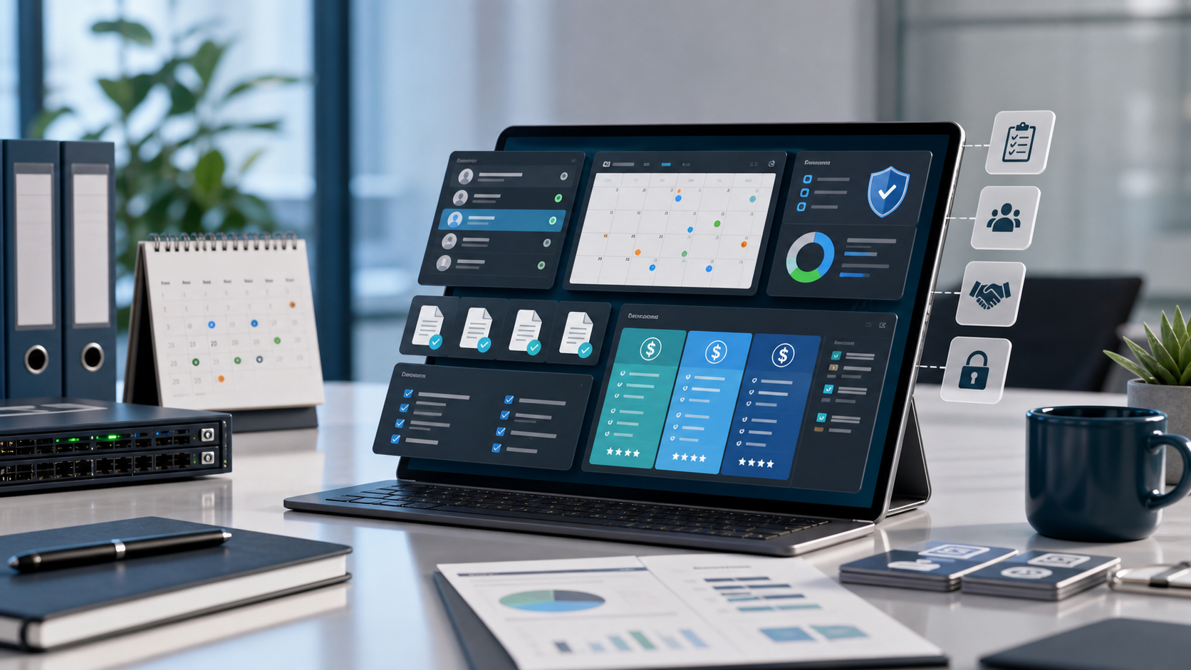 Vendor management planning dashboard with renewal calendar, contract documents, pricing comparison, ownership handoff, and security review icons