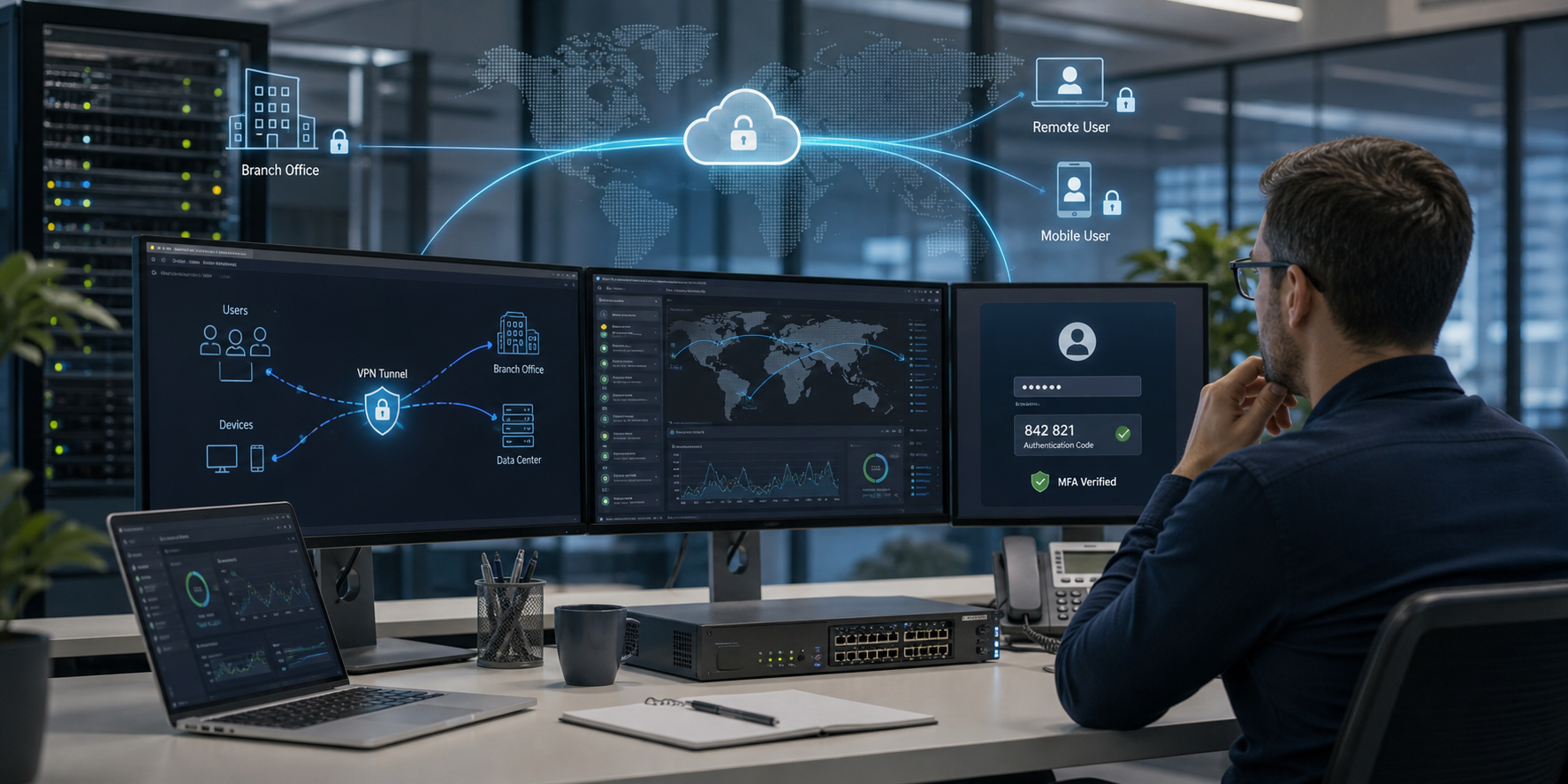 VPN planning workspace with secure remote access dashboard, MFA verification, firewall routing handoff, and branch connectivity review